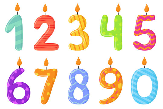 Vector design birthday candle set in the shape of all numbers. Illustration of birthday candles on a white background. Burning colourful candles with different festive patterns in flat style. 