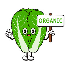 Cute funny Chinese cabbage with an inscription organic character. Vector hand drawn traditional cartoon vintage, retro, kawaii character illustration. Isolated white background. Cabbage character