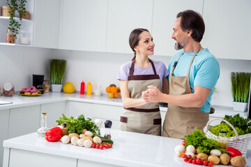 Photo of two peaceful lovely partners hold hands embrace house kitchen indoors