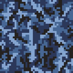 Blue pixelated camouflage pattern, seamless texture, army vector background. Disguise