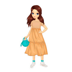 Girl in cute beige dress with flounces