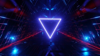 Neon triangle on abstract sci-fi tunnel background. 3d render