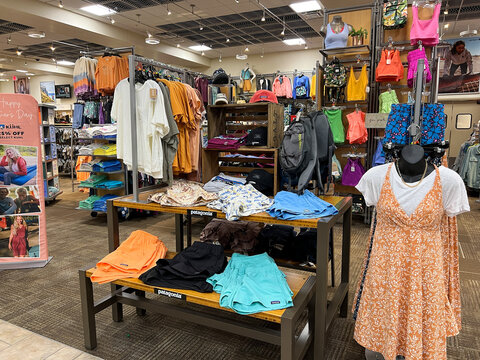 A display of womens Patagonia Clothing for sale at the Scheels