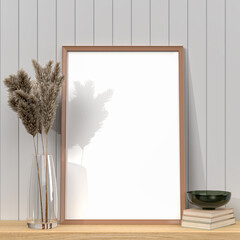 empty mockup photo frame on wall in room interior close up . Modern and floral concept of shelves. with shadows windows