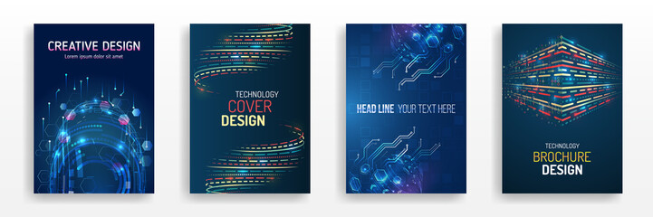 Modern cover design using tech elements and data visualization. Futuristic layout for presentation, poster, leaflet, annual report, a4 size. Abstract vector template in hi-tech style.