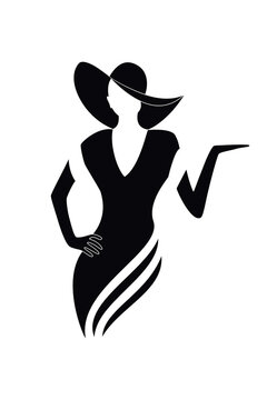 Lady in hat in vintage style beautiful girl in a long dress, black hand drawing logo silhouette isolate on a white background. Vector illustration.