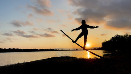 balancing game with energetic and unusual movements in nature