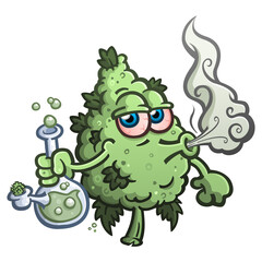 Stoned marijuana bud cartoon character smoking a glass water bong - 512073174