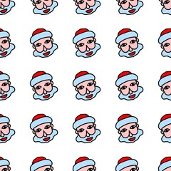 A simple illustration of Santa Claus. The face of Santa Claus. Icon, sticker with the image of the snow grandfather. A repeating inscription. Seamless pattern.