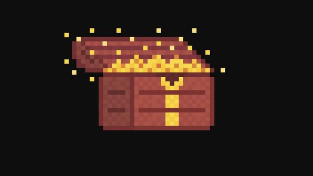 Chest of gold. Pixel art. Retro game style. Looped animation on black screen background. 4K resolution.
