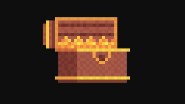 Chest of gold. Pixel art. Retro game style. Animation on black screen background. 4K resolution.