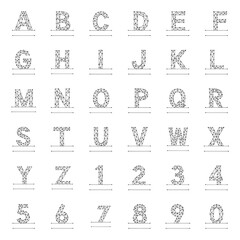 Vector set of personalized monograms in geometric style on white background. Letters and numbers made from lines and dots.
