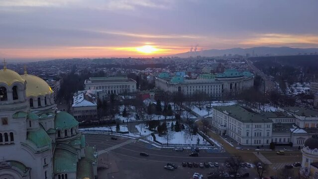 Sunrise in Sofia, Bulgaria, Alexander Nevsky, view from Drone