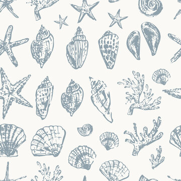 Hand drawn seashell sketch seamless pattern