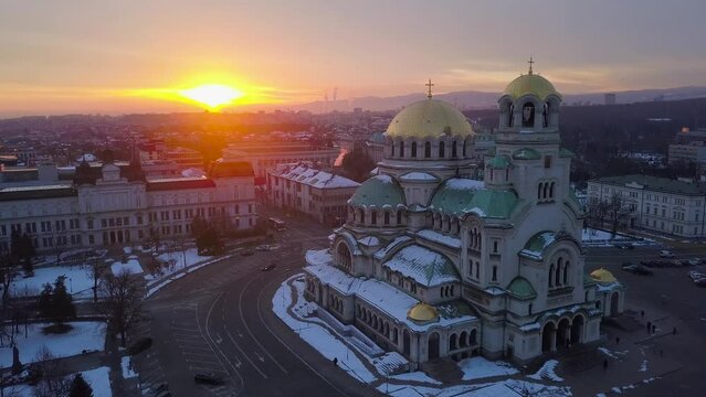 Sunrise in Sofia, Bulgaria, Alexander Nevsky, view from Drone