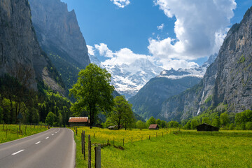 road in alpine valley in Lauterbrunnen in Switzerland