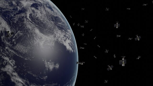 Planet Earth With Many Satellites Around It. View From Space. World Connection Concept. Technology Illustration. 