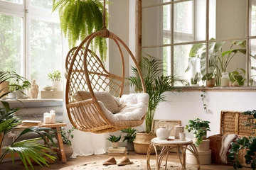 Fotobehang Boho The stylish boho composition with changing swing, window, commode and wooden bench. Beige carpet with brown slippers. White wall. Template.  © FollowTheFlow