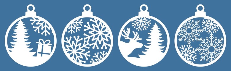 Christmas tree decorations set. Silhouette of Christmas round toys. Balls with snowflakes, deer, gift and spruce. Template for laser cutting. Isolated vector illustration.