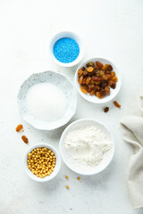 Baking ingredients on a white table