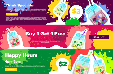 Fresh juicy drink specials sale discount internet banner set vector flat illustration