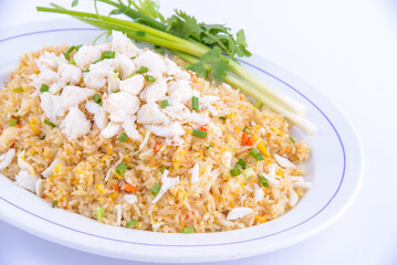 Crab fried rice on the white dish. Favorite food of Thailand.