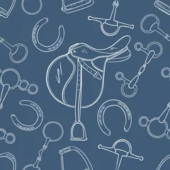 Schilderijen op glas Seamless pattern with jumping saddle and horse riding equipment. Hand drawn illustration of saddle, horseshoe, snaffle bit and stirrup, that can be used for equestrian accessories and printing design © H_Anna