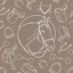 Poster Seamless pattern with a portrait of a horse and different types of horse riding equipment. Hand drawn illustration that can be used for equestrian accessories and printing design © H_Anna