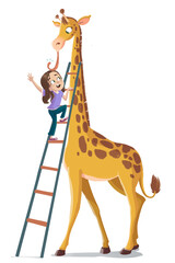 Children's illustration of little girl with giraffe - obrazy, fototapety, plakaty