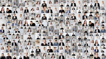 Group collage. Business video conference. Multiple headshot composition. Face screenshot collection of diverse team working online in virtual office.