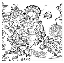 Cute little mermaid girl in coral tiara shows a long pearl necklace to a fish outlined for coloring page on seabed with corals and algae background