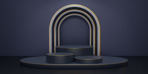 The shiny dark blue round pedestal on blue studio backdrops. The blank display or clean room for showing products. Minimalist mockup for podium display or showcase. 3D render illustration.