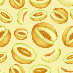 Seamless pattern with hand drawn melon slices on light yellow background. Colored minimalistic pattern that can be used for paper print, packaging and decoration design.