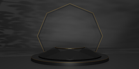 Black hexagon cube, Black diamond pedestal podium with light and shadow in the dark room. Concept scene stage showcase, product, promotion sale, banner, presentation, cosmetic. 3D rendering.