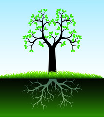 Green Tree on blue Sky. Vector Illustration. Grass and Roots.