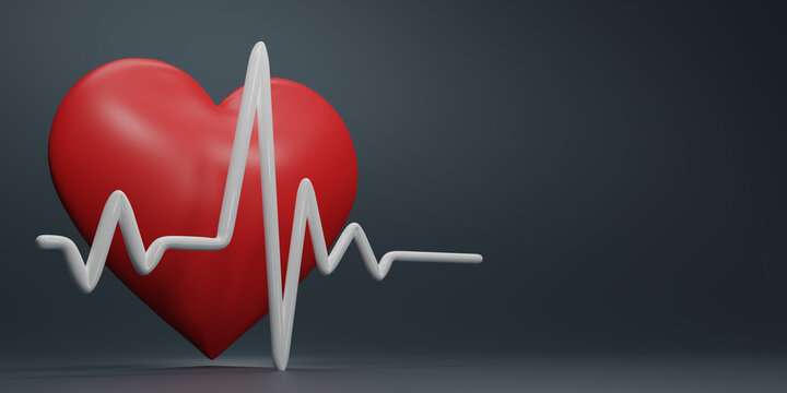 White pulse line with Red heart. Heart pulse. Heartbeat lone, cardiogram. Healthy lifestyle, cardiac assistance, pulse beat measure, Copy space. Medical healthcare concept. 3d rendering.
