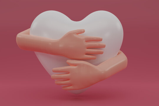 3D render hands hugging a white heart with love. Hand embracing white heart isolated on pink background. love yourself. used for posters, postcards, t-shirt prints, and other designs.