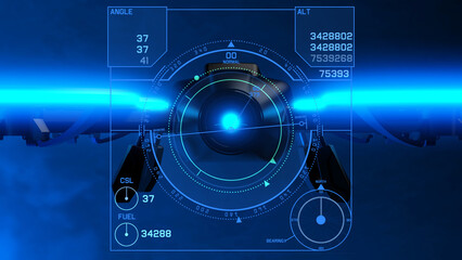 Powerful  black drone loaded with some of most advanced imaging and flight technologies with technology HUD blue elements under blue-black background. Concept image of video production. 3D CG.