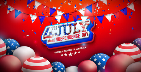 Fototapeta premium 4th of July Independence Day of the USA Vector Illustration with American Flag and Party Balloon and 3d Lettering on Red Background. Fourth of July National Celebration Design for Banner, Greeting