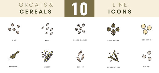 Grains and cereals icons. In colored outline style. For wesite design, mobile app, software - obrazy, fototapety, plakaty