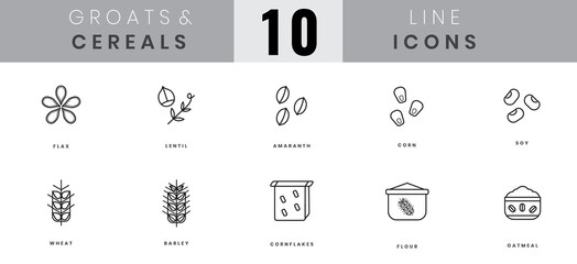 Grains and cereals icons. In lineart, outline style. For wesite design, mobile app, software