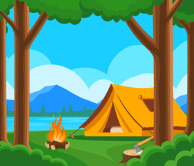 Forest camp poster with orange tent, bonfire, stump with axe. Vector banner with cartoon landscape with trees, a campsite on green grass and mountains in the background	