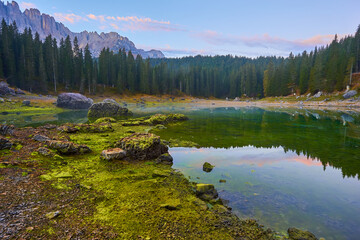Carezza lake Lago di Carezza, Karersee with Mount Latemar, Bolzano province, South tyrol, Italy.