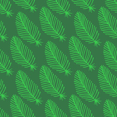 Seamless pattern with green feathers on dark green background. Vector image.