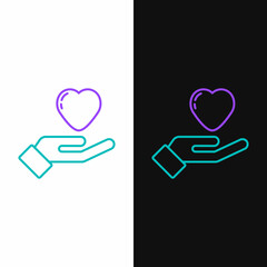 Line Heart in hand icon isolated on white and black background. Hand giving love symbol. Valentines day symbol. Colorful outline concept. Vector