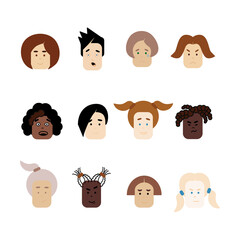 vector illustration of basic emotions and other in cartoon comic style. Diversity of People heads with different feelings types.