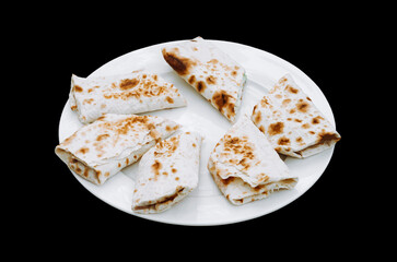 Fresh roll of lavash, pita bread, chicken, Shawarma sandwich gyro lamb or beef shawarma Traditional Eastern snack.
