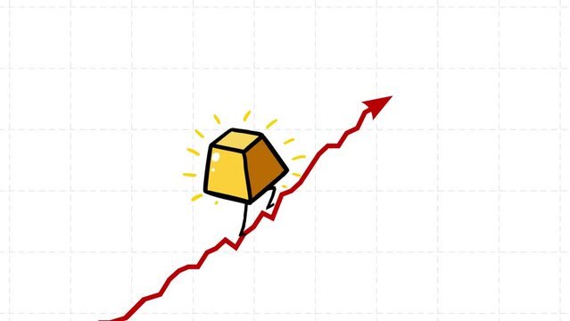 Gold rate still goes up seamless loop. Walking up gold bar. Cartoon character rising fast. Funny business animation.
