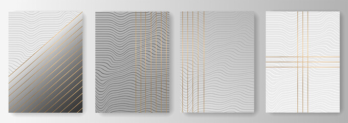 Collection of gray backgrounds with waves and golden lines