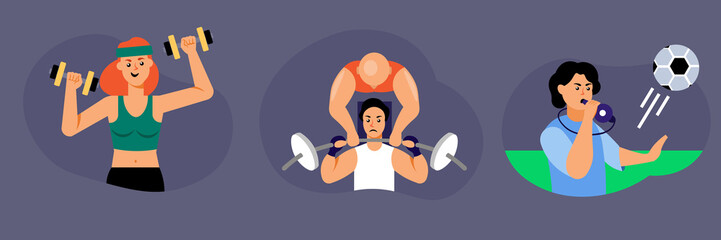 Sports illustration set. Characters are engaged in physical activity. the girl works out with dumbbells, the guy shakes his hands with a barbell, the guy coaches football players. Vector illustration